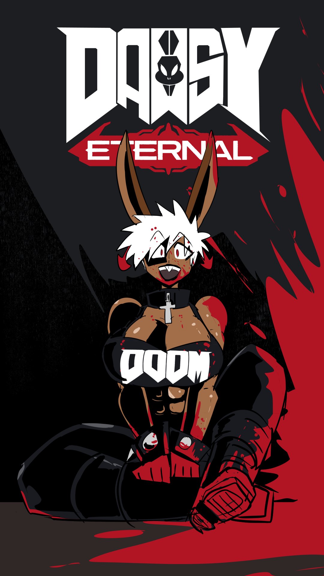 2021 9:16 abs anthro big_breasts blood bodily_fluids boots bottomwear breasts buckteeth clothing cover cover_art cover_page cross cross_necklace daisy_(doom) deputy_rust doom_(series) doom_eternal female footwear hair hi_res id_software jewelry lagomorph leporid looking_at_viewer mammal necklace open_mouth pants rabbit red_eyes solo teeth text text_on_clothing text_on_topwear topwear video_games white_hair