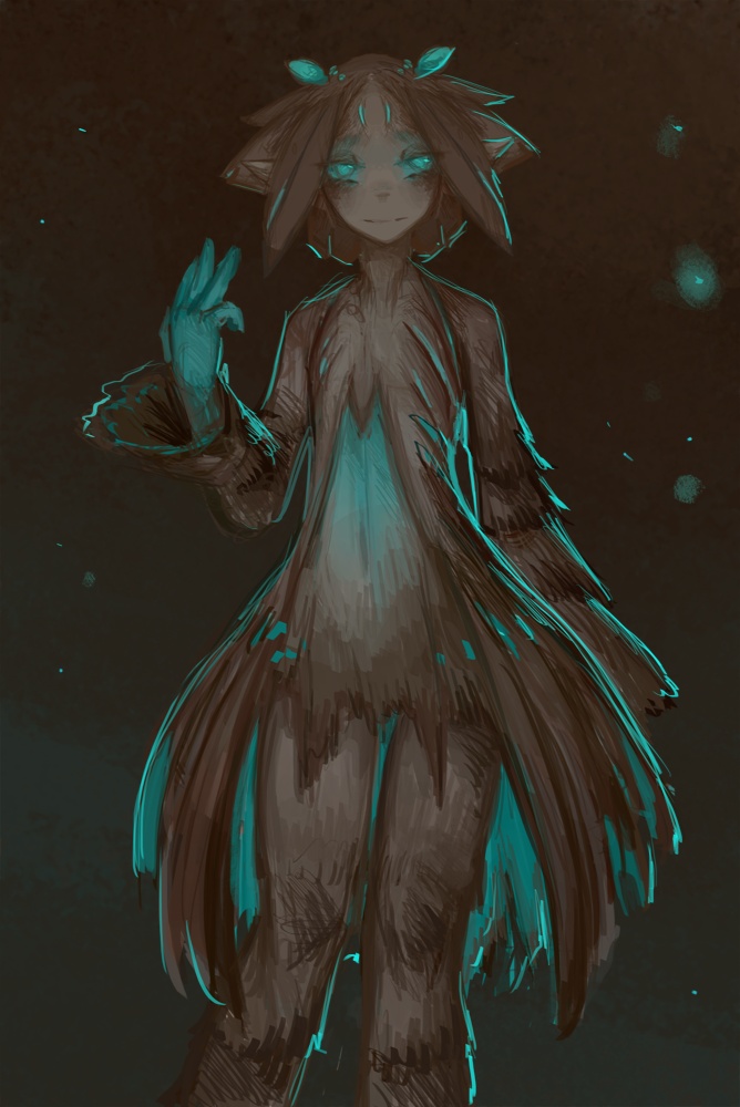 blue_body blue_eyes clothing dress female glowing grey_body grey_hair hair humanoid humanoid_pointy_ears looking_at_viewer navel not_furry portals_of_phereon restricted_palette solo spirit standing syvaron translucent translucent_clothing