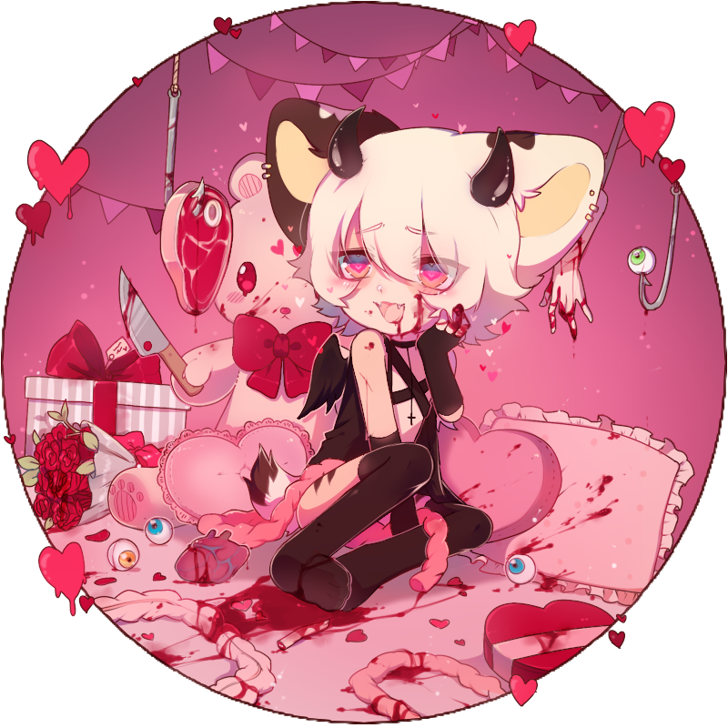 &lt;3 1:1 2018 alpha_channel animal_humanoid animal_plushie bangs beef bent_arm bent_legs big_ears biped black_horn blood_pool blue_eyes bouquet bow_ribbon box_of_chocolates brown_ears candy chocolate curved_horn dark_horn dessert entrails extended_arm flower food frilly_pillow gift gore green_eyes hair hand_between_legs heart_(organ) heart_box hook horn humanoid knife light_ears light_hair male meat meat_hook monotone_hair monotone_horn monotone_inner_ear multicolored_ears oncha organs pillow pink_eyes pink_pillow plant plushie raw_meat raw_steak rose_(flower) severed_eye solo steak tan_inner_ear two_tone_ears white_ears white_hair