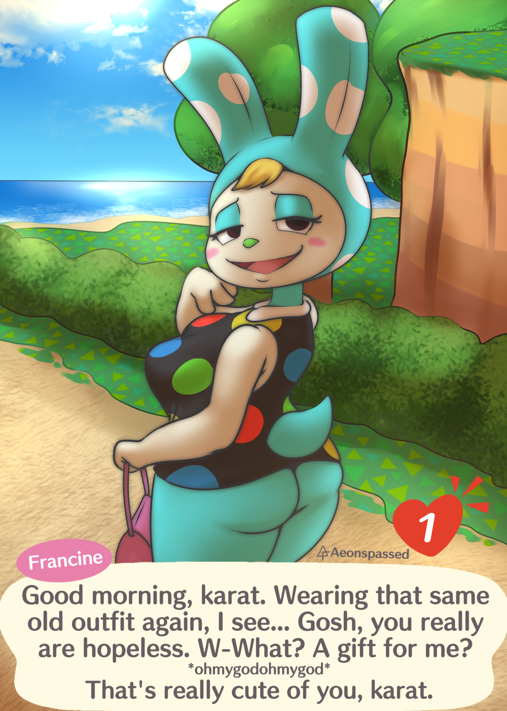 &lt;3 2021 aeonspassed animal_crossing anthro butt character_name clothed clothing digital_media_(artwork) english_text female francine_(animal_crossing) green_nose hair half-closed_eyes hi_res lagomorph leporid looking_at_viewer mammal narrowed_eyes nintendo number numbered_heart outside plant rabbit solo text tree video_games