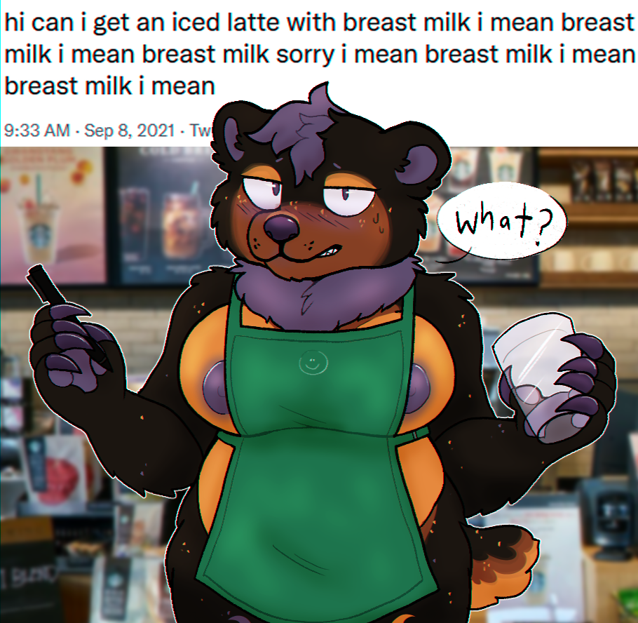 anthro apron apron_only blush breasts clothing coffee_shop container cup english_text female feralsoren green_apron grumpy holding_cup holding_object i_mean_breast_milk looking_at_viewer mammal meme mostly_nude nipple_slip nipples overweight solo text ursid wide_hips
