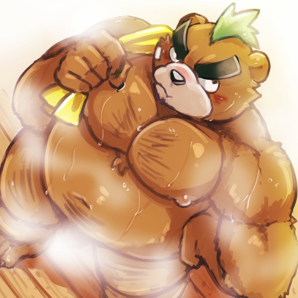 1:1 2021 anthro ashigara balls barely_visible_balls barely_visible_genitalia belly black_nose blush bodily_fluids brown_body brown_fur fur genitals hiryuuuuuuuuu humanoid_hands kemono lifewonders male mammal moobs navel nipples overweight overweight_male solo sweat tokyo_afterschool_summoners towel towel_on_shoulder ursid video_games