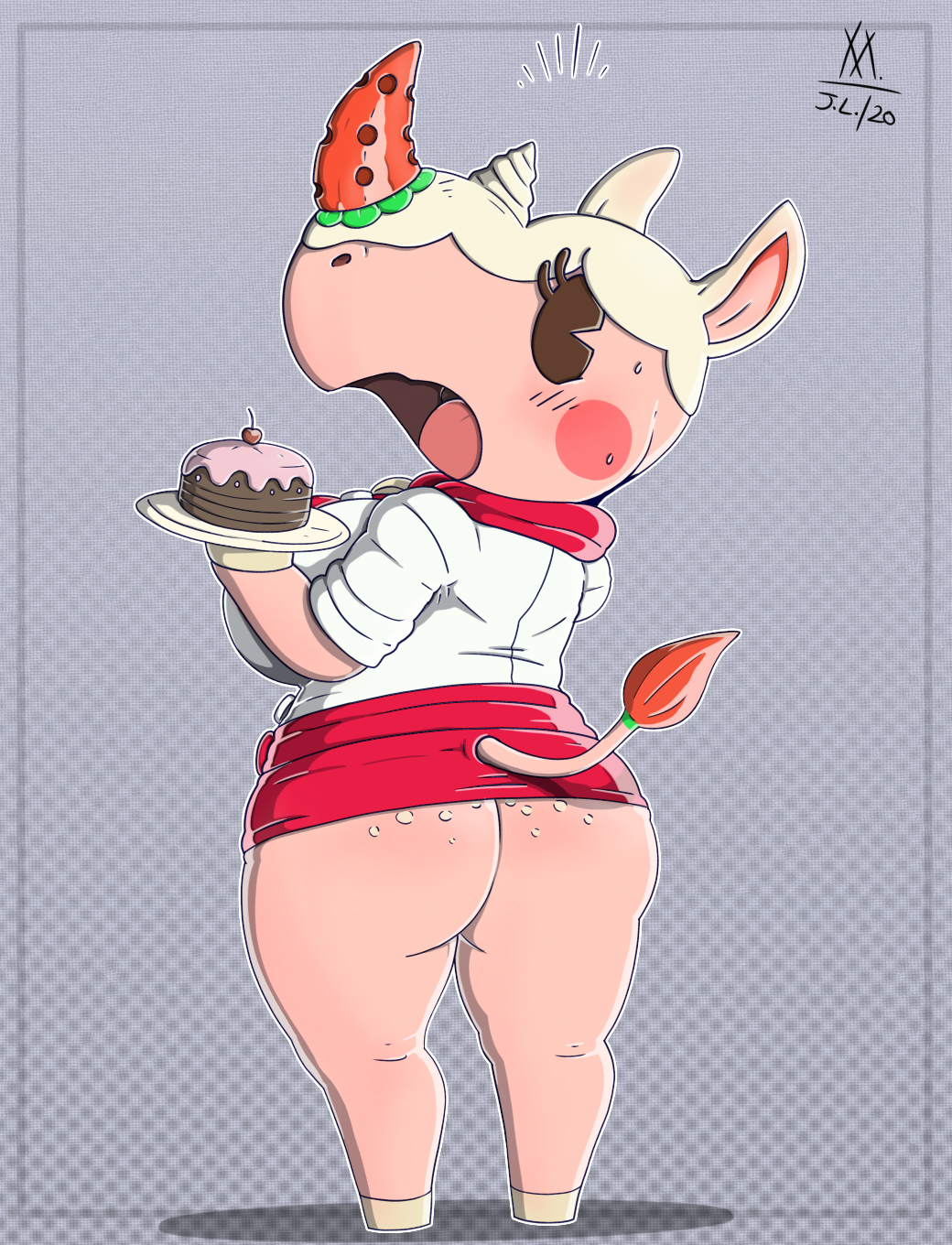 animal_crossing anthro big_breasts blush blush_stickers bottomwear breasts butt cake cherry clothed clothing dessert female food fruit hi_res hooves mammal meatboom merengue_(animal_crossing) nintendo plant raised_bottomwear raised_clothing raised_skirt rhinocerotoid skirt solo strawberry surprise thick_thighs video_games