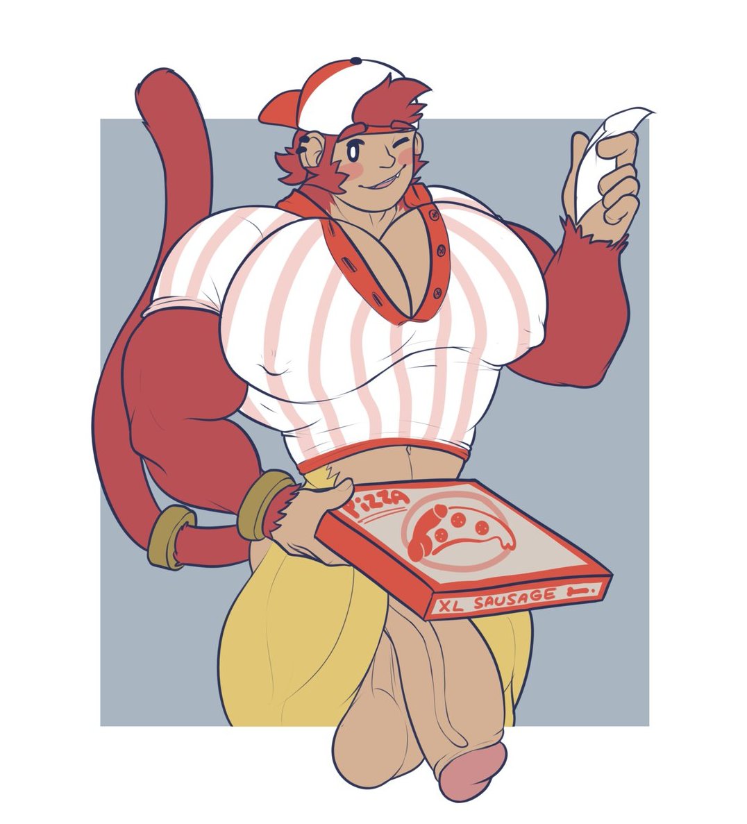 anthro balls big_penis clothed clothing delivery_(commerce) ear_piercing food_delivery genitals haplorhine hat headgear headwear male mammal monkey muscular muscular_male palchamon partially_clothed penis piercing pizza_box pizza_delivery primate simple_background solo solten_(salted_beef) vein veiny_penis