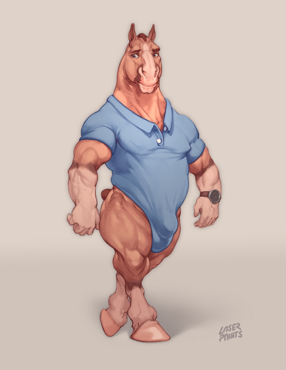 2021 anthro brown_body brown_fur bulge clock clothing detailed_bulge digital_media_(artwork) equid equine fur hi_res hooves horse laser_(artist) male mammal muscular muscular_anthro muscular_male pecs polo_shirt shirt simple_background solo topwear watch white_body white_fur wristwatch