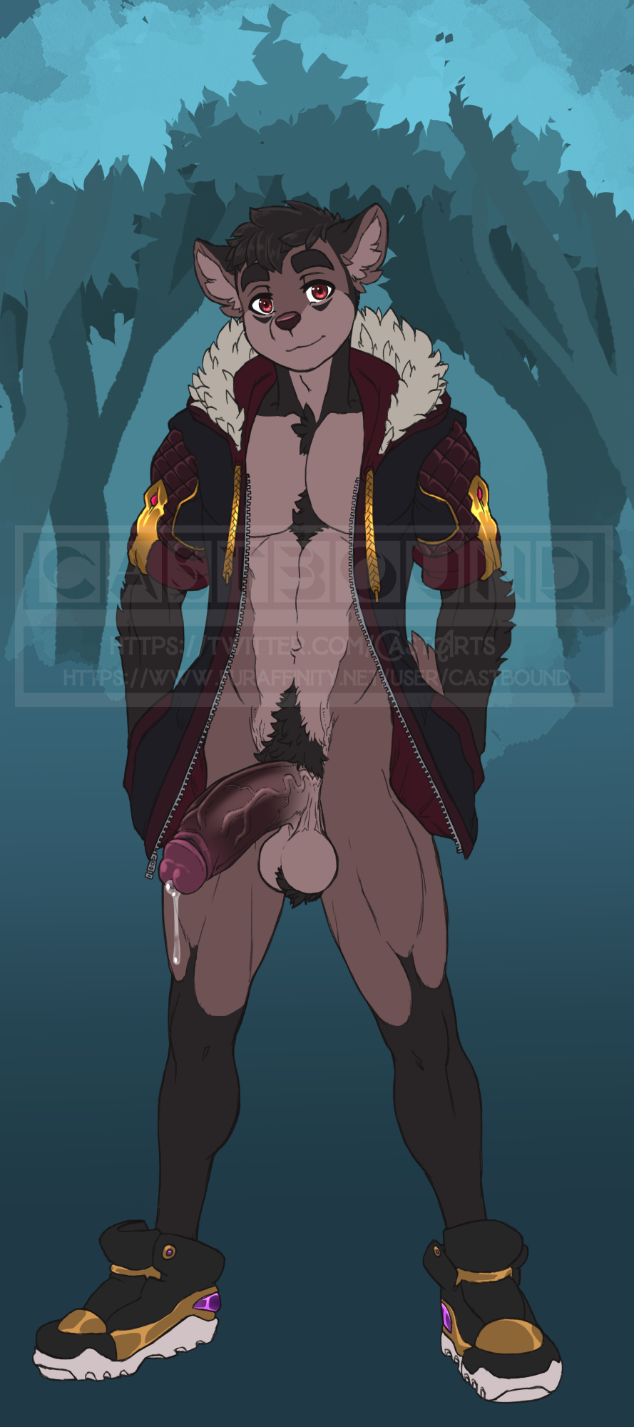 anthro ball_tuft balls big_penis black_hair bodily_fluids bottomless canid canine canis castbound chest_tuft clothed clothing crotch_tuft domestic_dog dripping fashion footwear genital_fluids genitals hair hands_in_pockets hi_res humanoid_genitalia humanoid_penis jacket looking_at_viewer male mammal partially_clothed penis pockets precum precum_drip pubes red_eyes russell_(castbound) shoes sneakers solo standing topwear tuft vein veiny_penis watermark