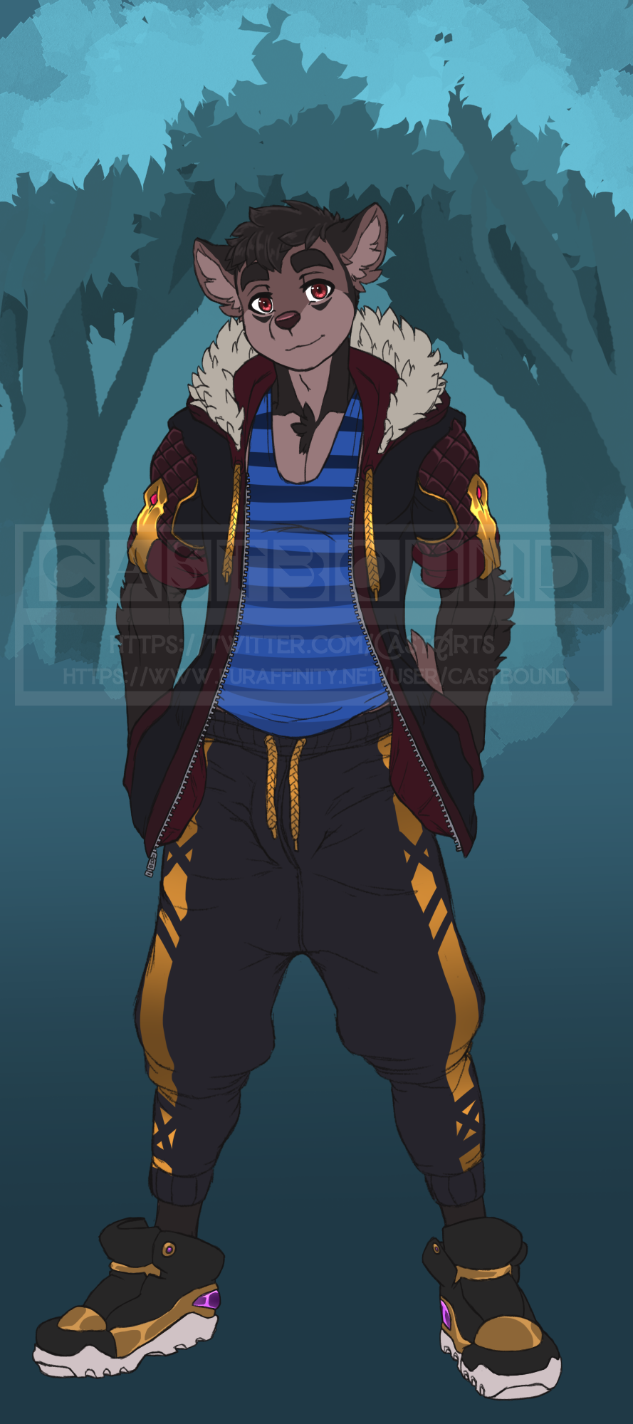 anthro black_hair bottomwear canid canine canis castbound clothing domestic_dog fashion footwear hair hands_in_pockets hi_res jacket looking_at_viewer male mammal pants pockets red_eyes russell_(castbound) shirt shoes sneakers solo standing tank_top topwear watermark