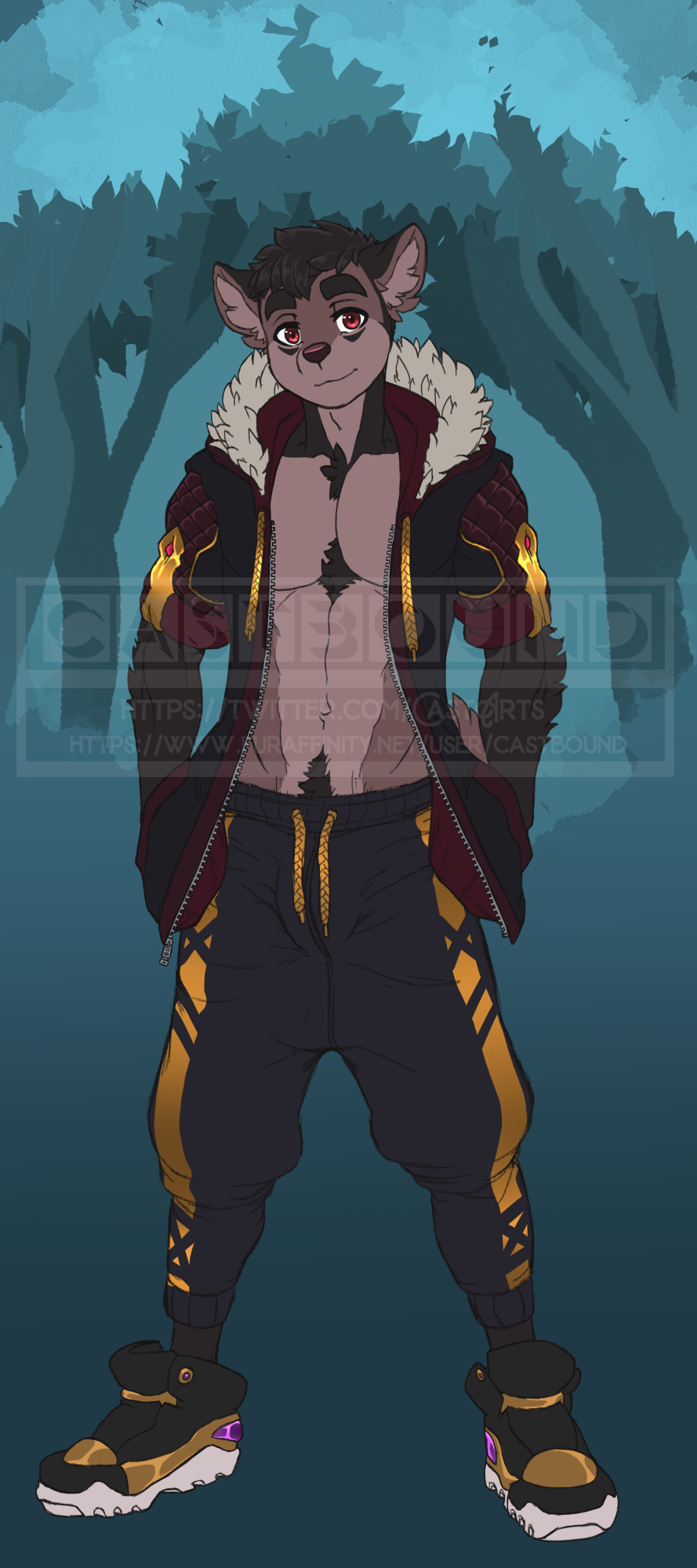 anthro black_hair bottomwear canid canine canis castbound chest_tuft clothing crotch_tuft domestic_dog fashion footwear hair hands_in_pockets hi_res jacket looking_at_viewer male mammal pants pockets red_eyes russell_(castbound) shoes sneakers solo standing topwear tuft watermark