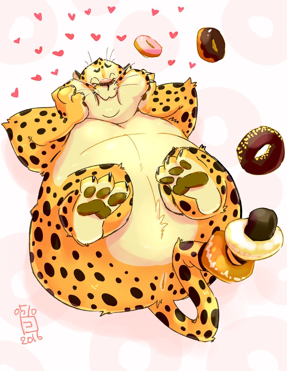 &lt;3 2016 anthro anus anus_only belly benjamin_clawhauser blush butt cheetah dessert disney doughnut eyes_closed featureless_crotch felid feline food hi_res kemono lying male mammal overweight overweight_male solo totemoii_029 zootopia