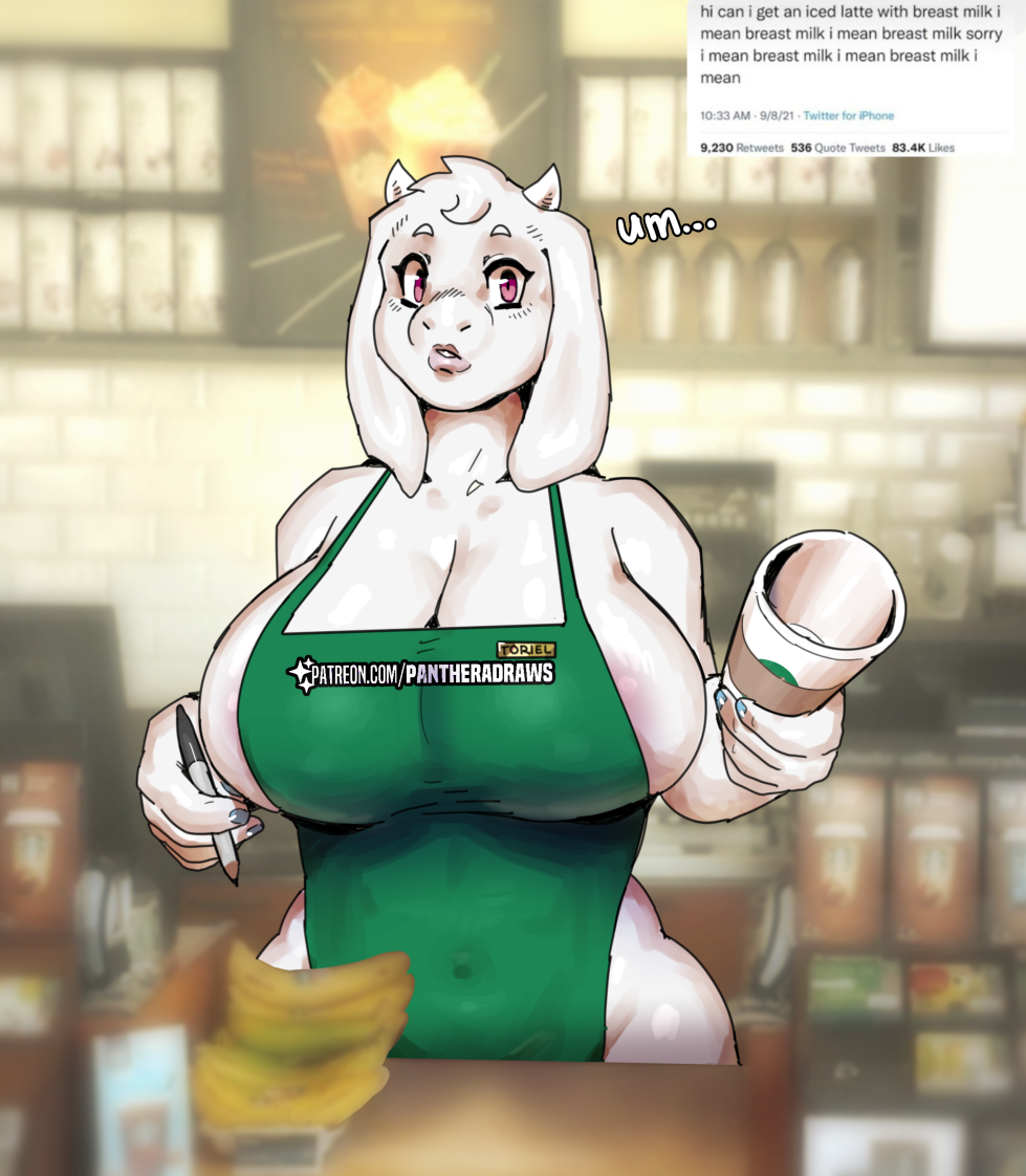 anthro apron apron_only areola areola_slip big_breasts boss_monster bovid breasts caprine cleavage clothed clothing coffee_shop container cup digital_media_(artwork) english_text female fur green_apron holding_cup holding_glass holding_object holding_pen horn i_mean_breast_milk looking_at_viewer mammal meme mostly_nude pantheradraws pen pencil_(object) public public_exposure shaded side_boob solo starbucks text toriel undertale undertale_(series) url video_games white_body white_fur