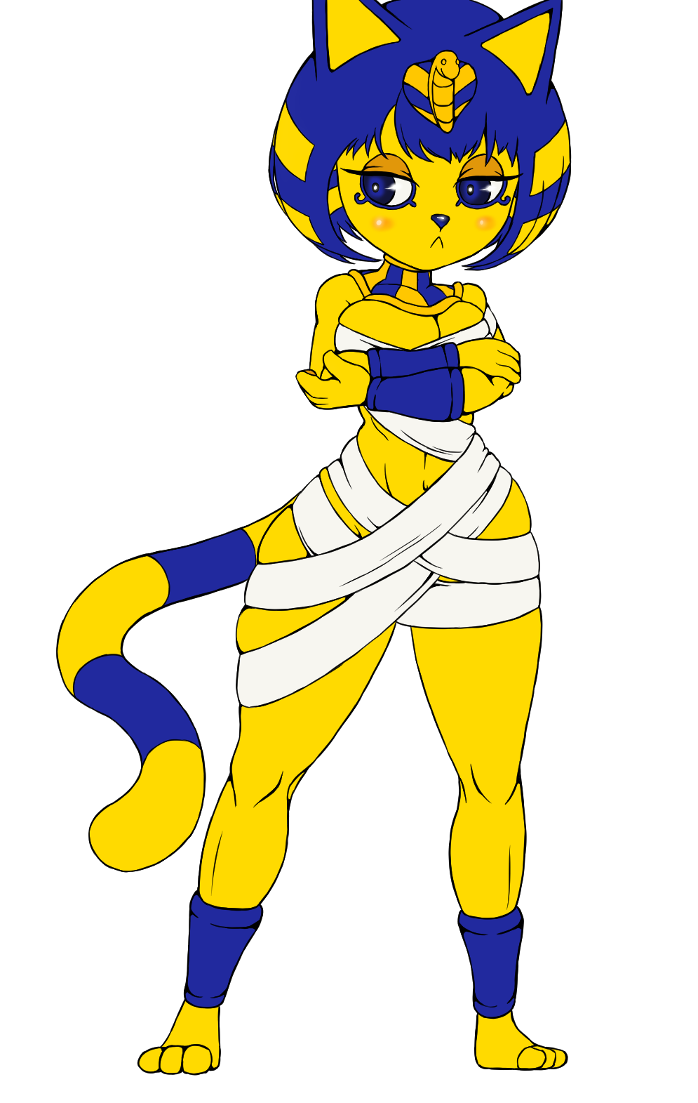 alpha_channel animal_crossing ankha_(animal_crossing) anklet anthro armband armwear bandage barefoot big_breasts big_sis_(artist) blue_eyes blue_hair breasts clothing deadpan domestic_cat egyptian egyptian_clothing eyeshadow feet felid feline felis female fur hair hi_res jewelry legwear makeup mammal multicolored_body multicolored_fur multicolored_hair multicolored_tail neckwear nintendo prick_ears short_hair skindentation solo squish thick_thighs thigh_squish video_games wide_hips wraps yellow_body yellow_fur