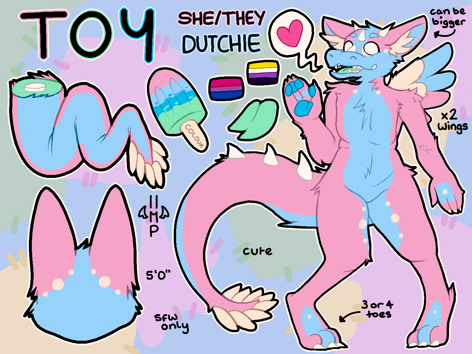 4:3 ambiguous_gender angeliimp anthro bisexual blue_body blue_fur digital_media_(artwork) dragon dutch_angel_dragon english_text female fur hi_res horn male model_sheet mythological_creature mythology nonbinary_(lore) open_mouth open_species pastel simple_background smile solo standing text toy_(angeliimp) tuft watermark wings