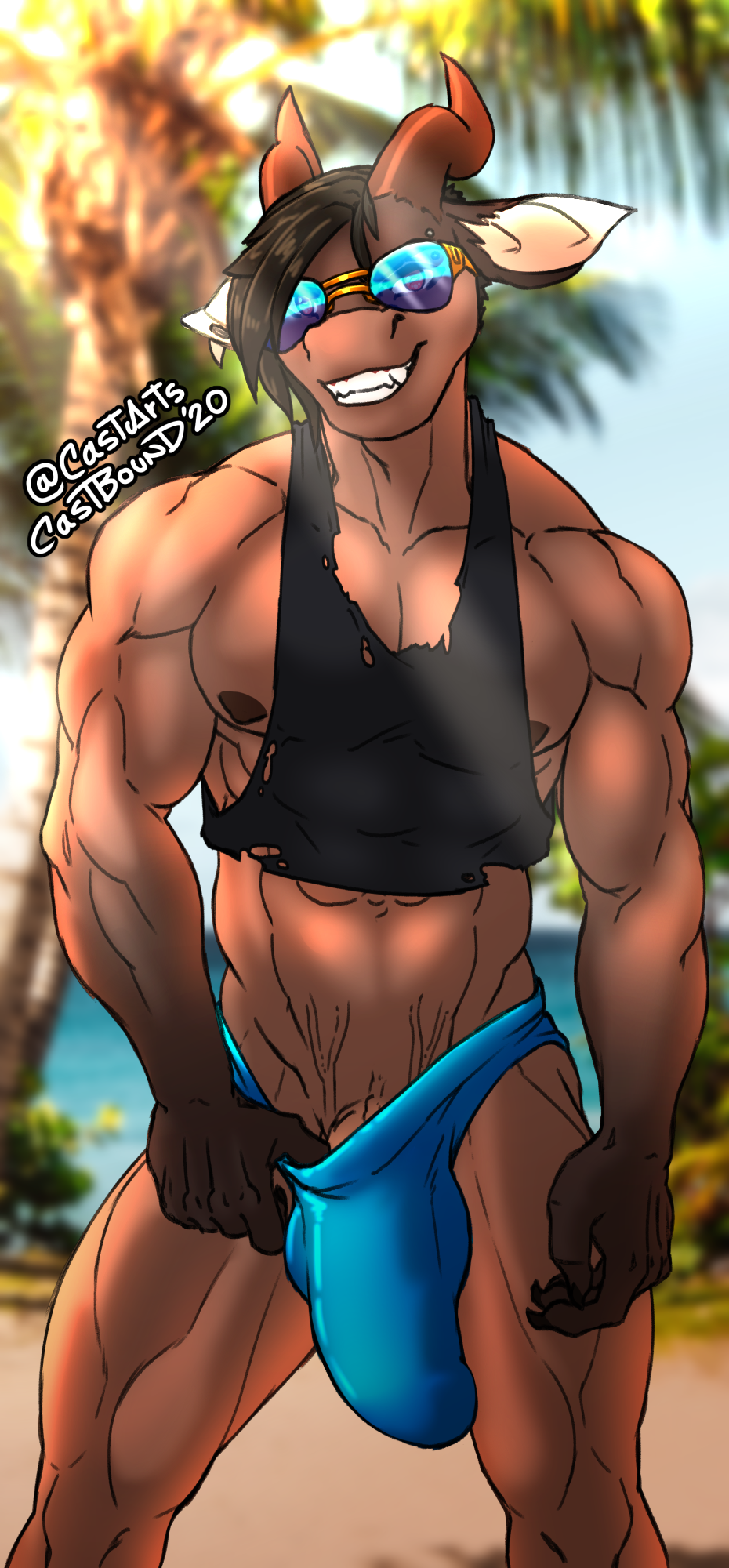 abs anthro beach biceps big_bulge brown_hair bulge castbound clothed clothing demon detailed_background eyewear genital_outline genitals glasses hair hi_res horn looking_at_viewer male muscular muscular_anthro muscular_male muscular_thighs partially_clothed penis penis_base penis_outline relius seaside shirt solo standing tank_top topwear torn_clothing underwear underwear_down