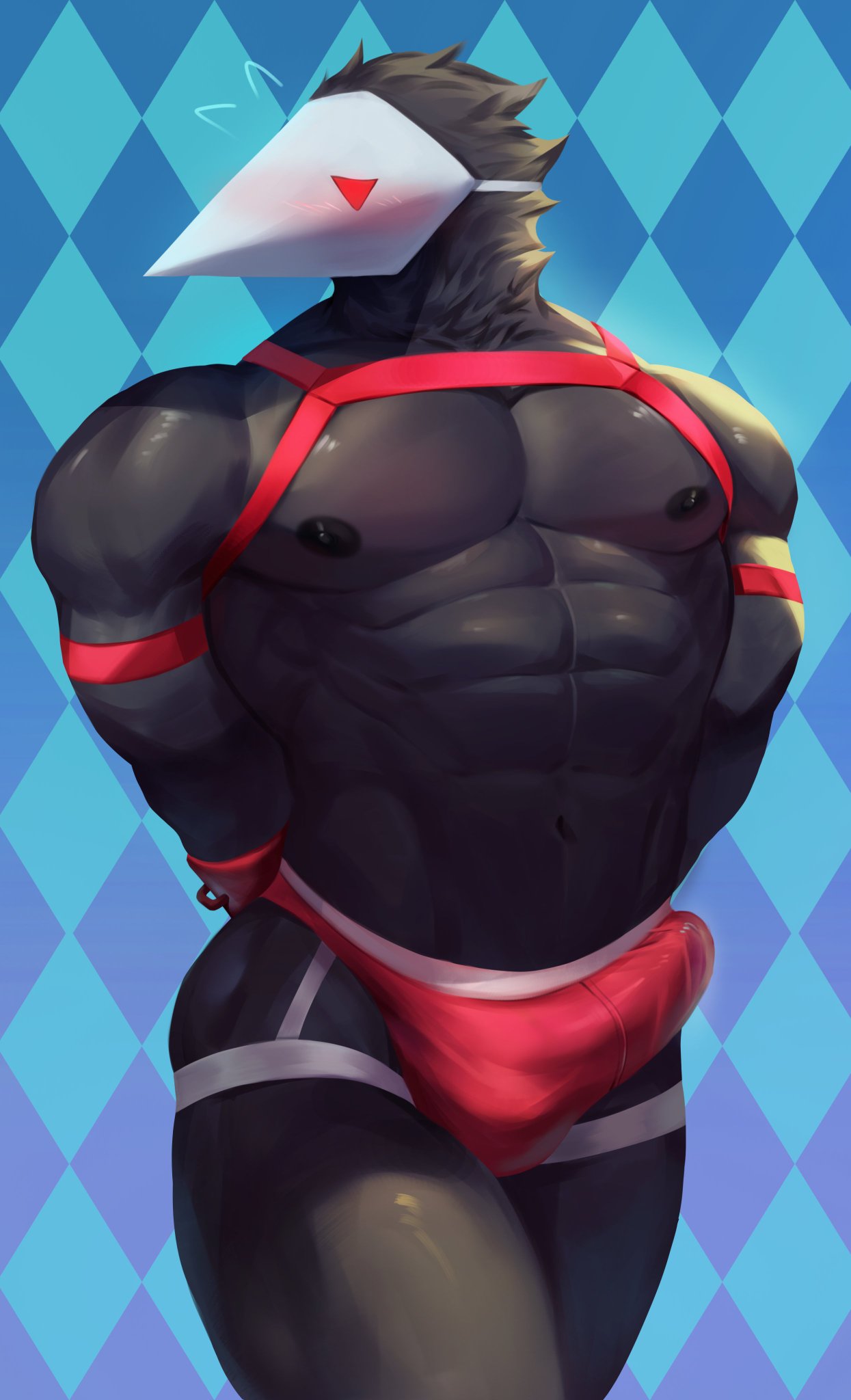 abs anthro avian balls_outline bdsm biceps big_bulge bird black_body black_feathers blush bondage bound bulge clothing deltarune erection feathers genital_outline handcuffs hands_behind_back harness hi_res jockstrap kult2k male mask muscular muscular_anthro muscular_male nipples pecs penis_outline red_eyes red_jockstrap restraints shackles solo surprised_expression swatchling undertale_(series) underwear video_games wrist_cuff