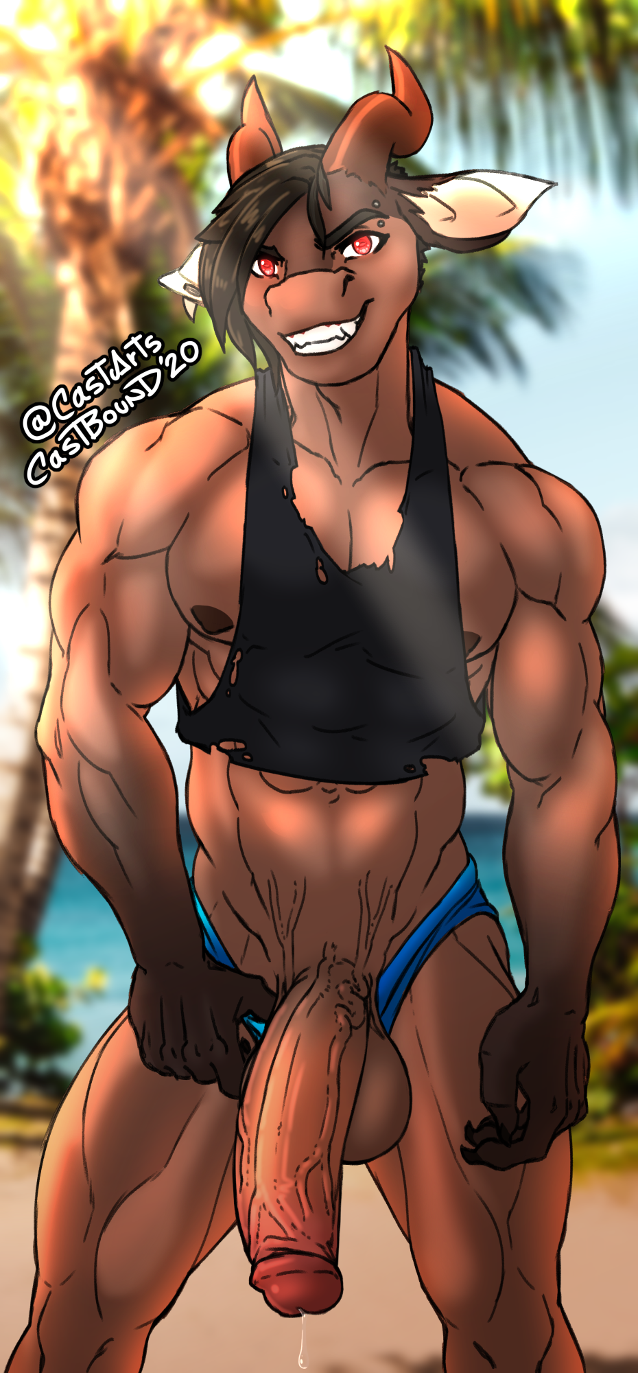abs anthro balls beach biceps big_balls big_penis bodily_fluids brown_hair castbound clothed clothing demon detailed_background dripping genital_fluids genitals hair hi_res horn huge_penis looking_at_viewer male muscular muscular_anthro muscular_male muscular_thighs partially_clothed penis precum precum_drip relius retracted_foreskin seaside shirt solo standing tank_top topwear torn_clothing underwear underwear_down vein veiny_penis
