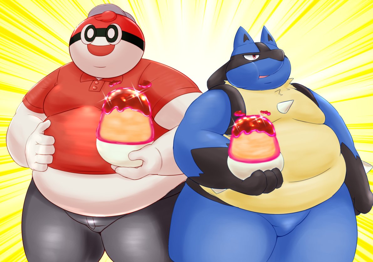 2021 anthro ball_guy belly black_nose blue_body bottomwear clothing duo food for_a_head humanoid humanoid_hands kemono lucario male marumu_5656 nintendo obese obese_male object_head overweight overweight_male pants pok&eacute;ball pok&eacute;mon pok&eacute;mon_(species) shirt topwear video_games