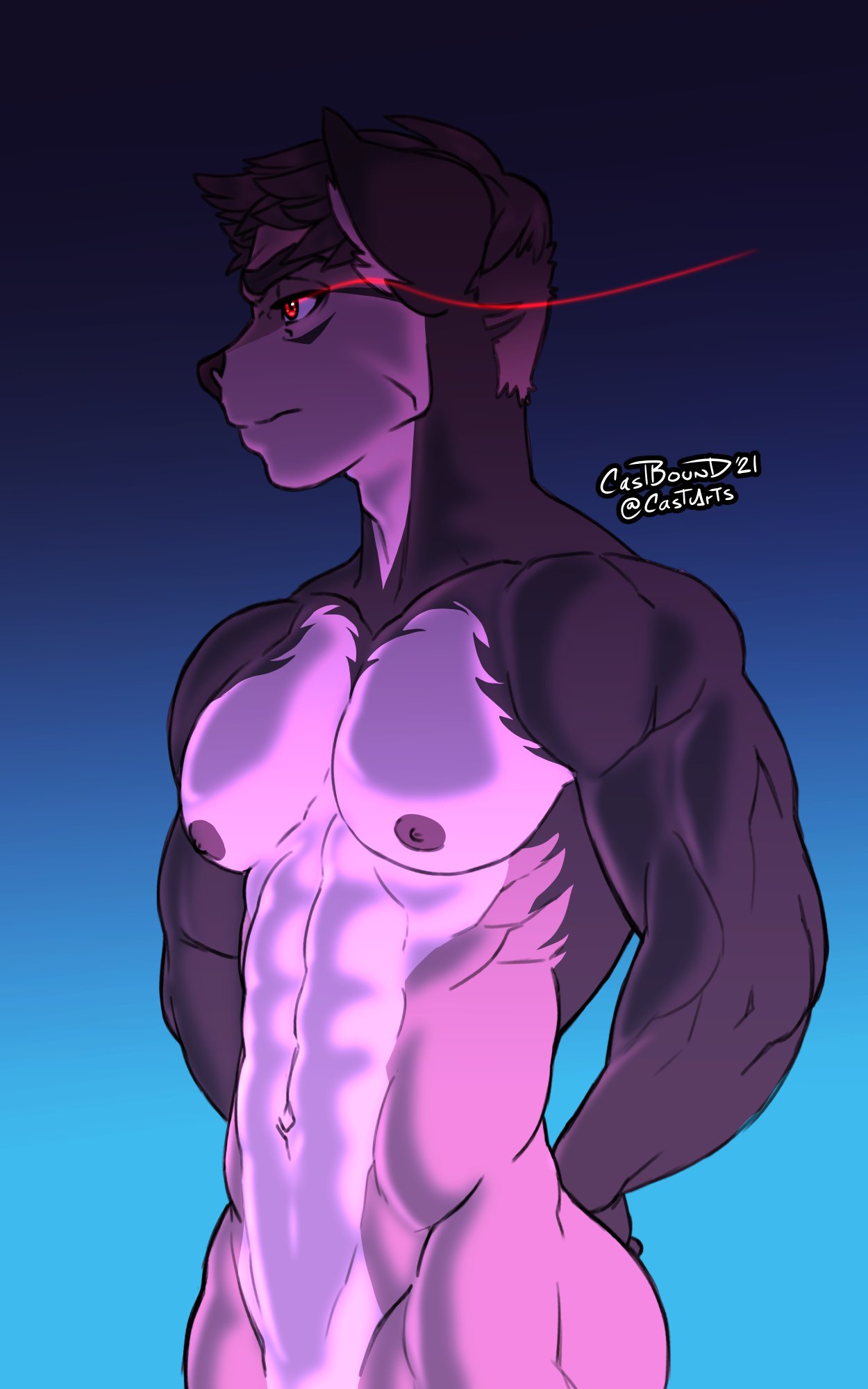 10:16 abs anthro black_hair black_nose canid canine canis castbound domestic_dog featureless_crotch hair hands_behind_back hi_res looking_away male mammal muscular muscular_anthro muscular_male navel nipples nude red_eyes russell_(castbound) solo standing