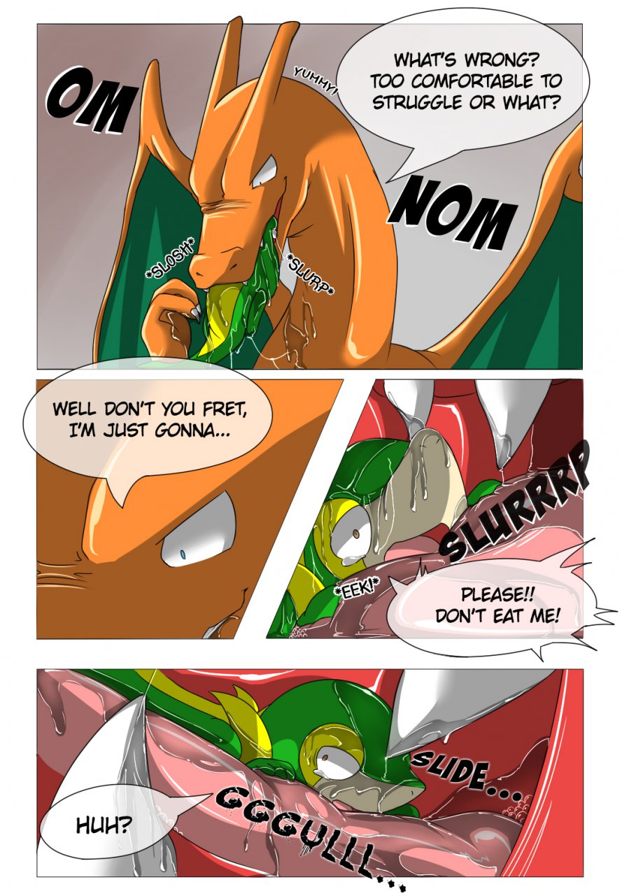 2012 ambiguous_gender ambiguous_pred ambiguous_prey bodily_fluids charizard comic dialogue digital_media_(artwork) dragon drooling duo elemental_creature english_text fangs feral feral_pred feral_prey flora_fauna green_body hi_res lying manga membrane_(anatomy) membranous_wings multicolored_body nintendo on_front onomatopoeia open_mouth oral_vore orange_body orange_scales pink_tongue plant plus-alpha pok&eacute;mon pok&eacute;mon_(species) reptile saliva scales scalie semi-anthro shaded size_difference snivy soft_vore sound_effects speech_bubble swallowing tan_body tears text tongue unwilling_vore video_games vore wings yellow_body