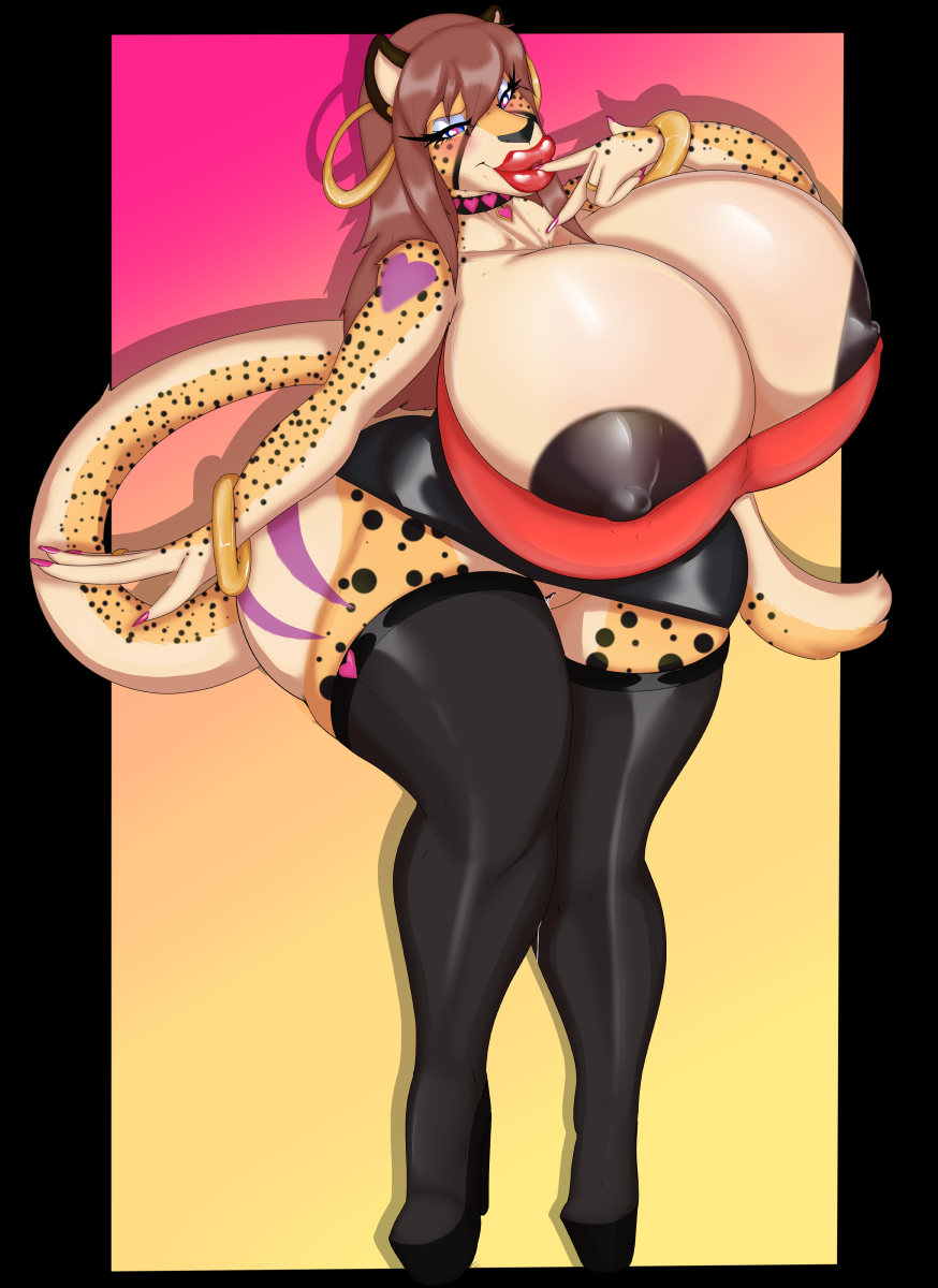 angrypotato96 anthro betsibi big_breasts bottomwear breasts brown_hair cleavage clothed clothing ear_piercing ear_ring felid female genitals hair hi_res huge_breasts hyper hyper_breasts lips mammal mature_female nipples no_underwear piercing pussy skirt solo thick_lips thick_thighs