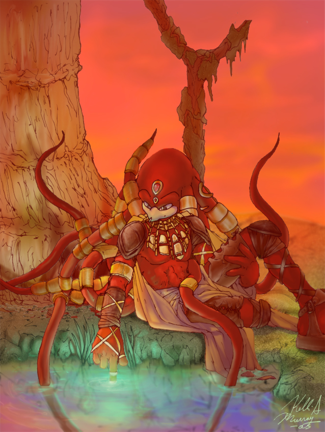 2005 abs accessory anthro armor clothing echidna emmychidna footwear hair hair_accessory hair_ring jewelry knuckles_the_echidna legwear male mammal monotreme necklace pauldron red_body red_hair red_skin ring river sandals sega signature sitting solo sonic_the_hedgehog_(series) sunset toga wristband