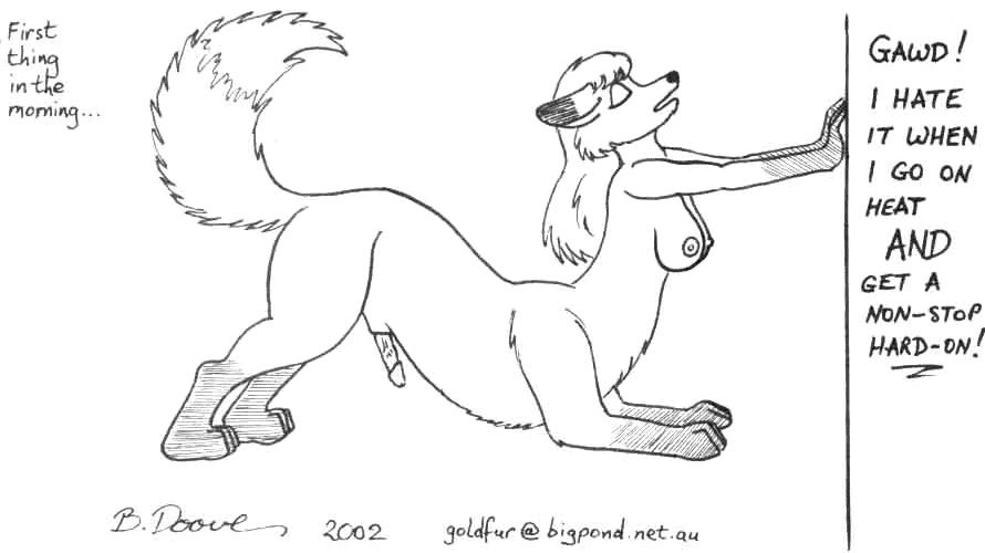 2002 animal_genitalia ass_up bernard_doove breasts canid canid_taur canine canine_taur dialogue dipstick_ears dipstick_tail english_text eyes_closed fox fox_taur fur genitals gloves_(marking) gynomorph hair herm_(lore) intersex leg_markings mammal mammal_taur markings monochrome multicolored_ears multicolored_tail penis sheath socks_(marking) solo tail_markings taur text