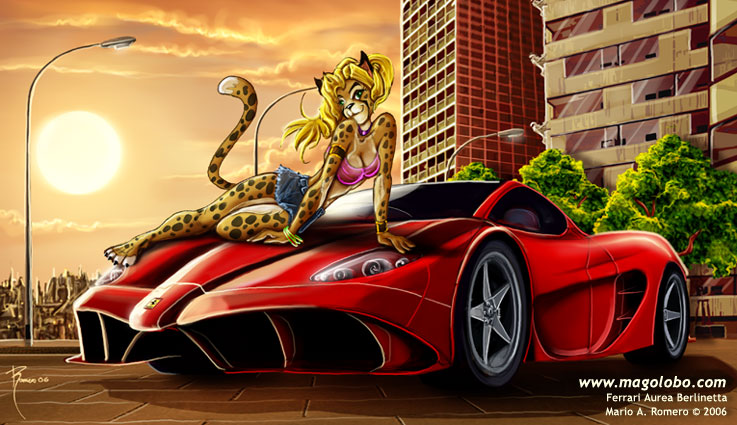 2006 biped blonde_hair breasts car cheetah city cityscape cleavage clothed clothing detailed_background digital_media_(artwork) english_text felid feline female ferrari green_eyes hair looking_at_viewer magolobo mammal on_hood sky solo sun sunset text urban url vehicle