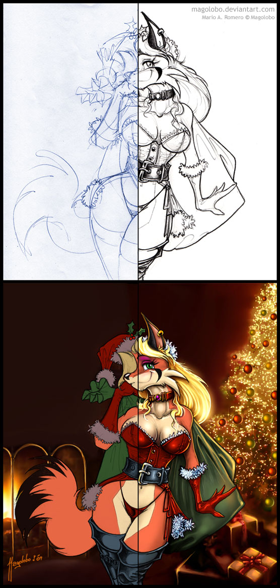 2009 angie_(magolobo) anthro big_breasts blonde_hair breasts canid canine christmas christmas_lights clothing digital_media_(artwork) ear_piercing female fireplace fluffy fluffy_tail fox hair holidays magolobo mammal panties piercing pose sketch solo underwear