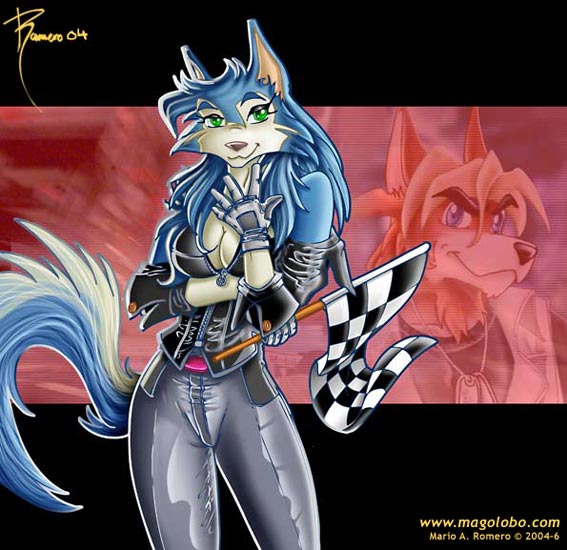 2004 5_fingers :3 anthro blue_eyes breasts canid canine canis checkered_flag cleavage clothed clothing digital_media_(artwork) dog_tags domestic_dog duo female fingers flag gloves green_eyes handwear looking_at_viewer magolobo male mammal solo_focus wallpaper