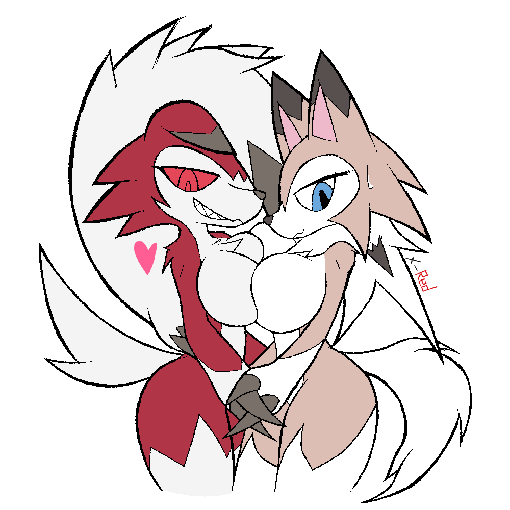 &lt;3 1:1 anthro anthro_on_anthro big_breasts blue_eyes bodily_fluids breast_squish breasts breasts_frottage brown_body brown_fur canid canine claws duo female female/female fur hand_holding lycanroc mammal midday_lycanroc midnight_lycanroc nintendo pok&eacute;mon pok&eacute;mon_(species) pok&eacute;morph red_body red_eyes red_fur red_sclera smile squish sweat teeth video_games white_body white_fur x-red