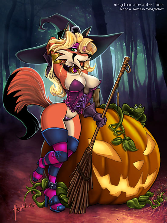 2010 amphibian angie_(magolobo) anthro biped blonde_hair breasts broom canid canine cleaning_tool clothing corset detailed_background digital_media_(artwork) female food footwear forest fox frog fruit green_hair hair halloween hat headgear headwear high_heels holidays jack-o'-lantern legwear lingerie magic_user magolobo mammal outside plant pumpkin shoes solo stockings text topwear tree url witch witch_hat wood