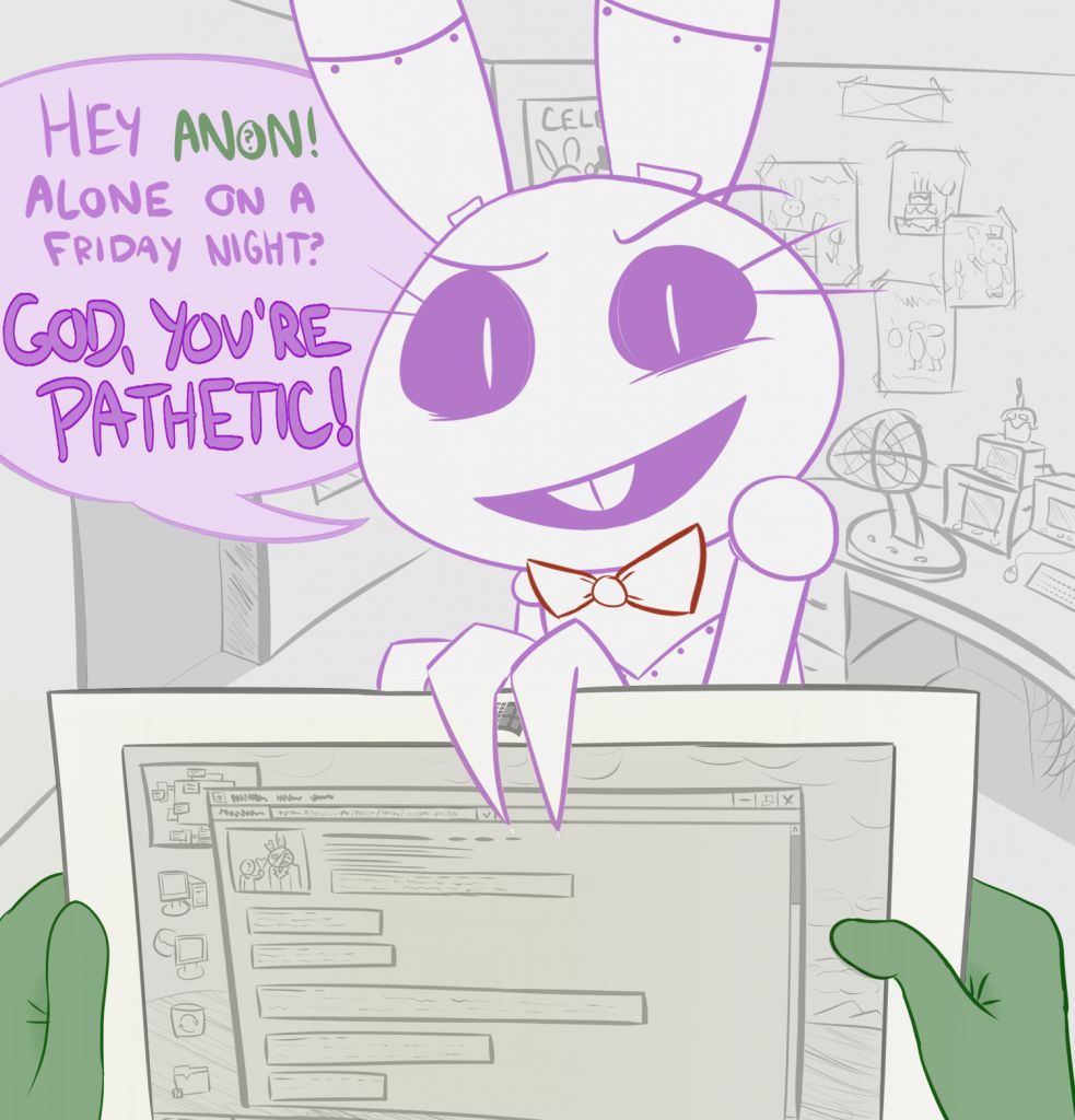 animatronic anon anthro bonnie_(fnaf) bow_tie buckteeth crossgender duo english_text eyelashes fan_(disambiguation) female first_person_view five_nights_at_freddy's lagomorph leporid machine mammal rabbit robot tablet teeth text unknown_artist video_games weaver_bonnie
