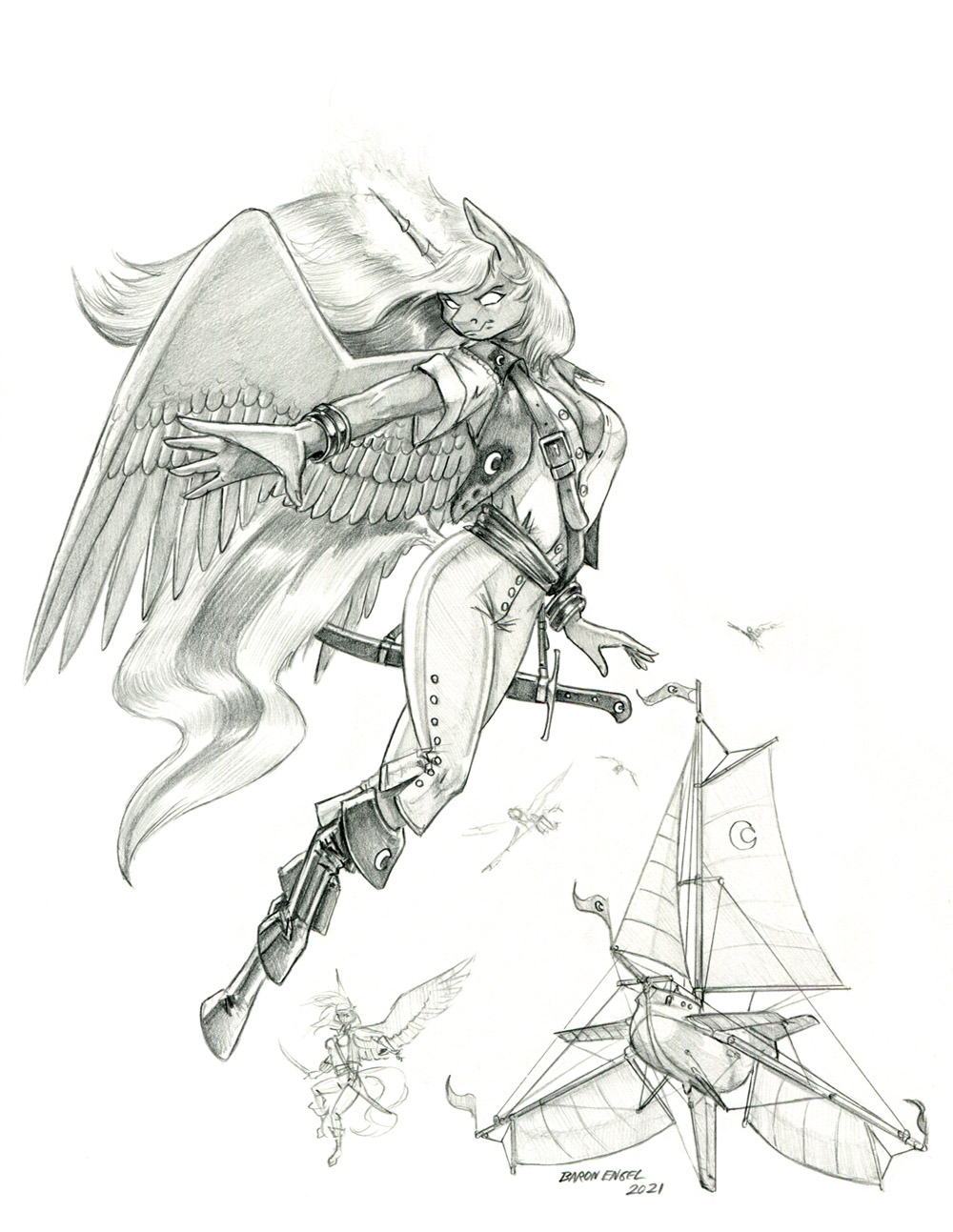 2021 anthro baron_engel bottomwear bracelet breasts cleavage clothed clothing equid equine eyebrows feathered_wings feathers female flying friendship_is_magic graphite_(artwork) greyscale hair hi_res horn jewelry long_hair mammal melee_weapon monochrome my_little_pony pants pencil_(artwork) princess_luna_(mlp) solo_focus spread_wings sword topwear traditional_media_(artwork) unguligrade_anthro vest weapon winged_unicorn wings