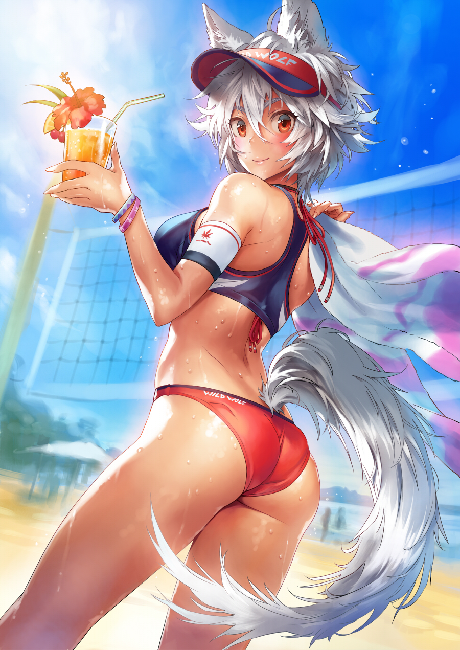 alcohol animal_humanoid beach beverage breasts butt butt_pose canid canid_humanoid canine canine_humanoid clothed clothing cocktail drinking_straw english_text female flower hair hi_res holding_beverage holding_object humanoid looking_at_viewer looking_back mammal mammal_humanoid matsuda_(matsukichi) momiji_inubashiri plant pose rear_view red_eyes sand seaside sky solo tennis_net text touhou video_games visor white_hair white_tail wolf_humanoid wristband
