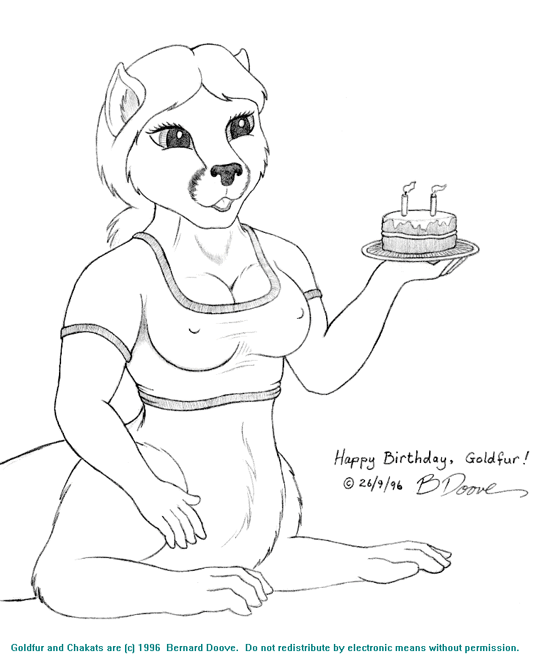 1996 bernard_doove birthday_cake breasts cake chakat cleavage clothed clothing dessert english_text felid felid_taur female food fur goldfur greyscale hair happy_birthday mammal mammal_taur monochrome nipple_outline shirt solo taur text topwear