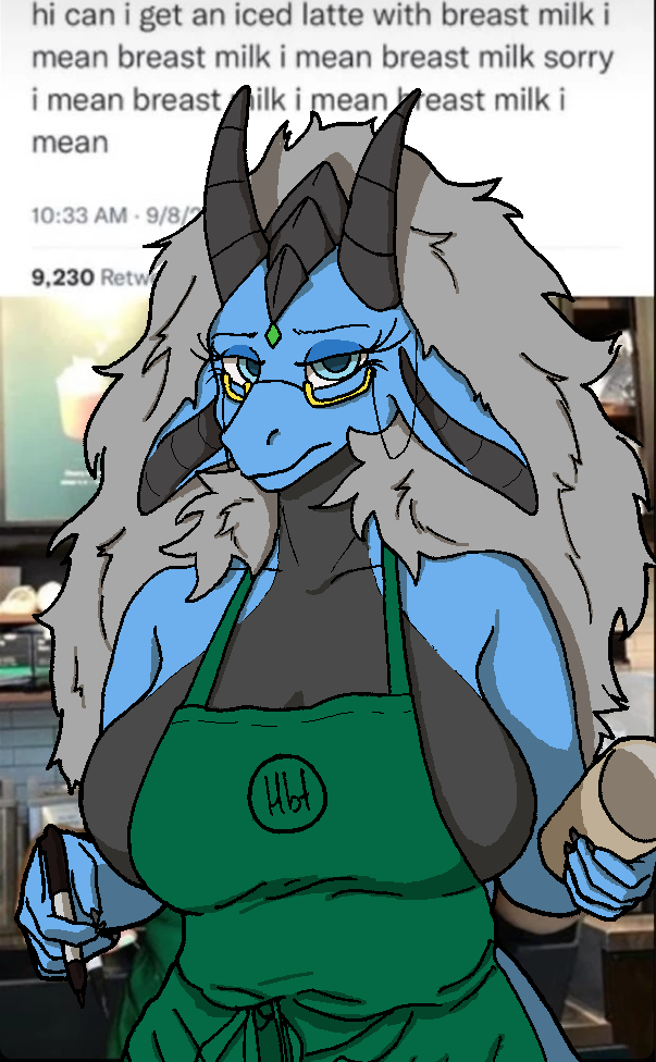 2021 anthro apron apron_only bare_shoulders big_breasts breasts claws clothing container cup curvy_figure daitelis digital_media_(artwork) dragon ears_down english_text eyebrows eyelashes eyewear fan_character female fingers glasses green_apron haibet hair horn i_mean_breast_milk looking_at_viewer marker mature_female meme mostly_nude pivoted_ears reptile scalie shaded sharpie side_boob solo text text_on_apron text_on_clothing voluptuous wingless_dragon