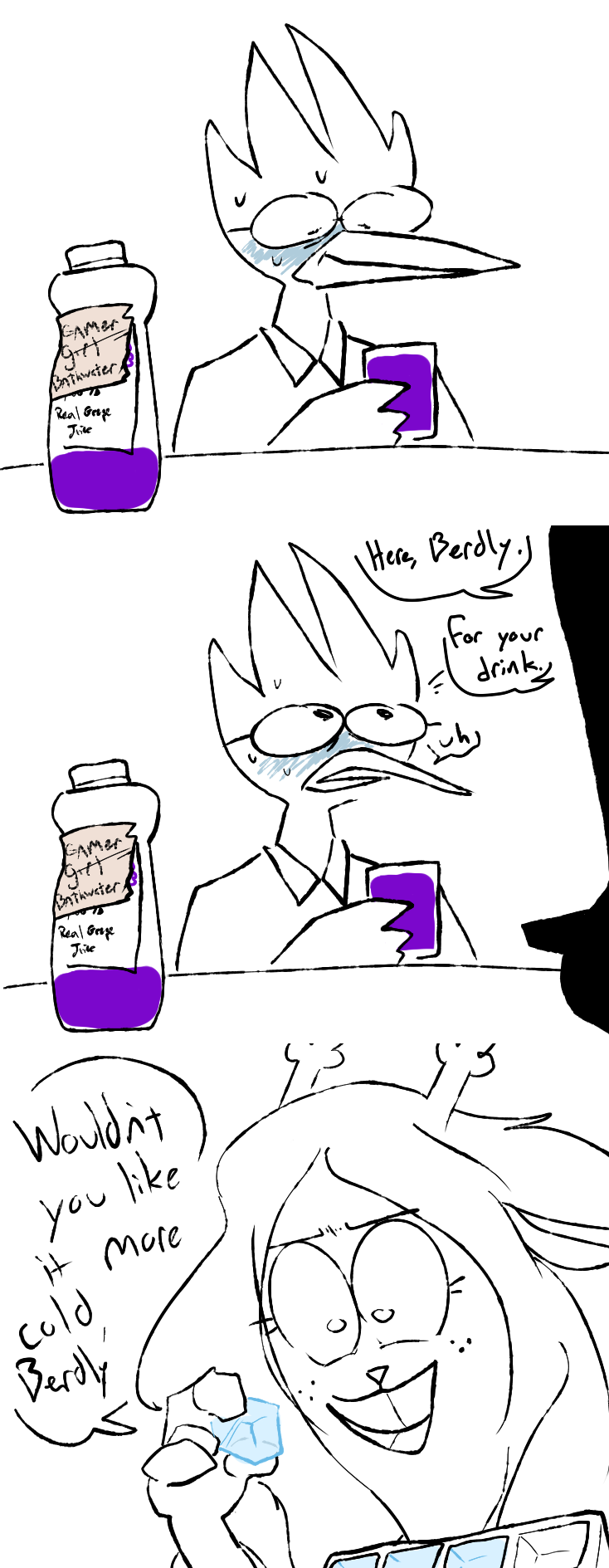 2021 anthro antlers avian berdly beverage bird bottle capreoline cervid comic deltarune dialogue duo english_text female grape_juice hi_res holding_object horn humor ice ice_cube juice_(disambiguation) male mammal noelle_holiday reindeer text the_weaver undertale_(series) video_games