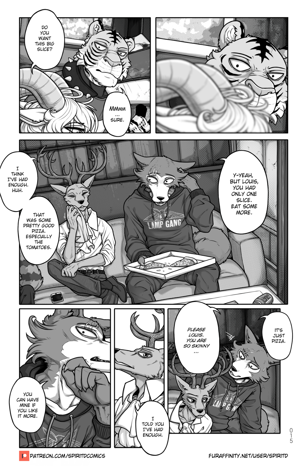 annoyed anthro antlers beastars bill_(beastars) boots bovid canid canine canis caprine cervid clothing crossed_legs dialogue eating english_text felid food footwear group hand_under_chin happy hi_res hoodie horn jacket legoshi_(beastars) louis_(beastars) male male/male mammal muscular pantherine pina_(beastars) pizza sheep shirt shoes smile spiritd teasing text theater tiger topwear url wolf worried