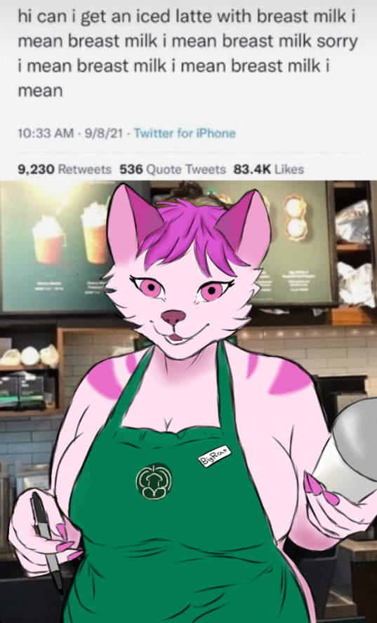 anthro apron apron_only big_breasts bigratjoe breasts cheek_tuft cleavage clothed clothing colored_nails container cup digital_media_(artwork) english_text facial_tuft female green_apron hair holding_cup holding_object holding_pen i_mean_breast_milk meme mostly_nude nails pen pink_hair pink_nails public side_boob smile solo starbucks striped_body stripes text tuft unknown_species