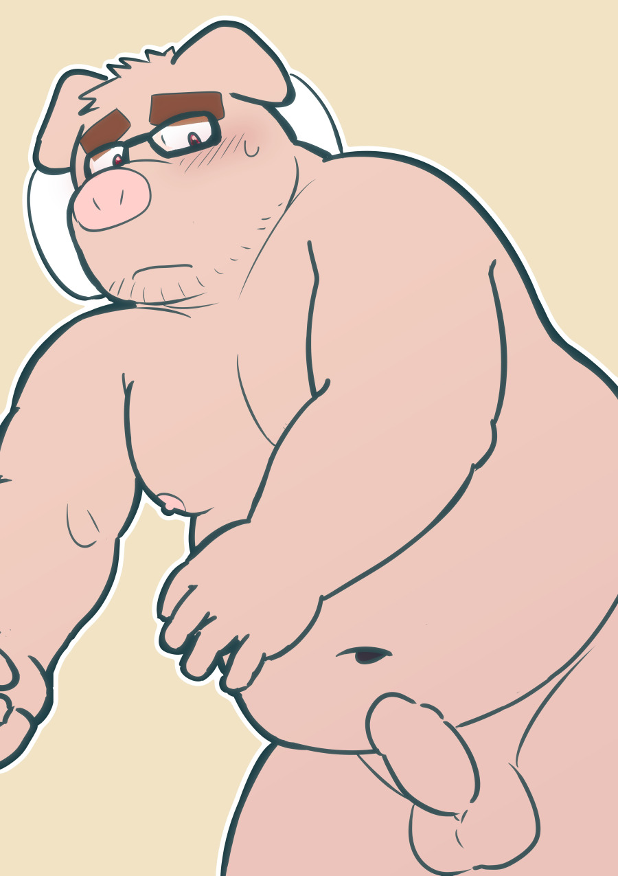 2015 anthro balls belly blush domestic_pig erection eyewear genitals glasses hi_res humanoid_genitalia humanoid_hands humanoid_penis kemono kick_(artist) lying male male_focus mammal moobs navel nipples overweight overweight_male penis pillow simple_background solo suid suina sus_(pig)