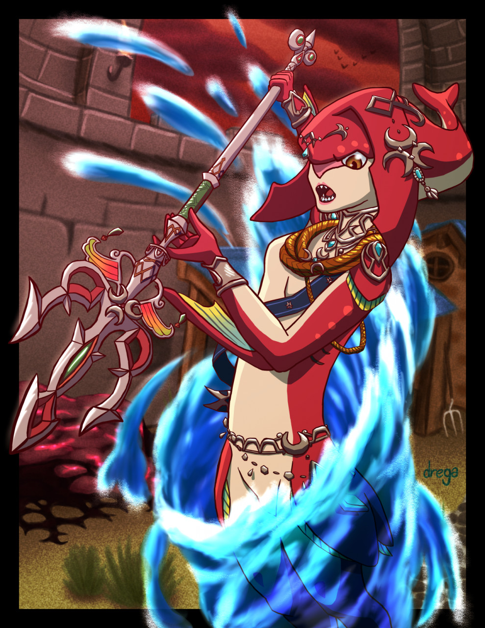 age_of_calamity anthro avian barn battle belt bird body_jewelry bracelet breasts breath_of_the_wild castle crown dark_sky dregadude female fighting_pose fin head_tail hi_res hyrule_warriors jewelry magic marine melee_weapon mipha necklace nintendo nippleless open_mouth pitchfork polearm pose red_sky sash sharp_teeth sky solo stone_wall teeth the_legend_of_zelda tiara tools torch trident video_games wall_(structure) water weapon whirlpool zora
