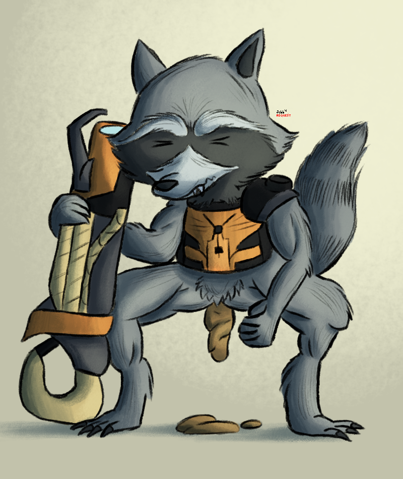 anthro armor clothing crouching feces feces_pile filth filthy guardians_of_the_galaxy gun jubb male mammal marvel narrowed_eyes pooping pooping_on_floor procyonid raccoon ranged_weapon rocket_raccoon scat solo squint tagme topwear weapon