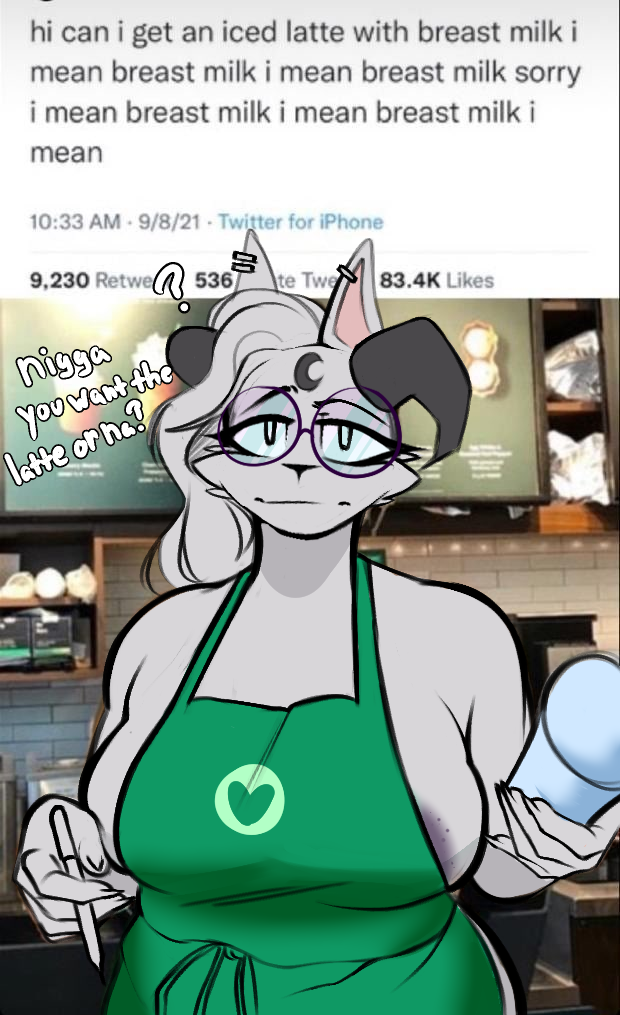 anthro apron apron_only areola areola_slip beverage big_breasts black_areola breasts canid canine canis clothed clothing dark_areola digital_media_(artwork) ear_piercing ear_ring english_text eyewear female fur glasses green_apron grey_body hair holding_beverage holding_object humor i_mean_breast_milk joushi looking_at_viewer mammal meme moon_(moonlynn) mostly_nude nipple_slip nipples photo_background piercing shaded solo starbucks text twitter wolf