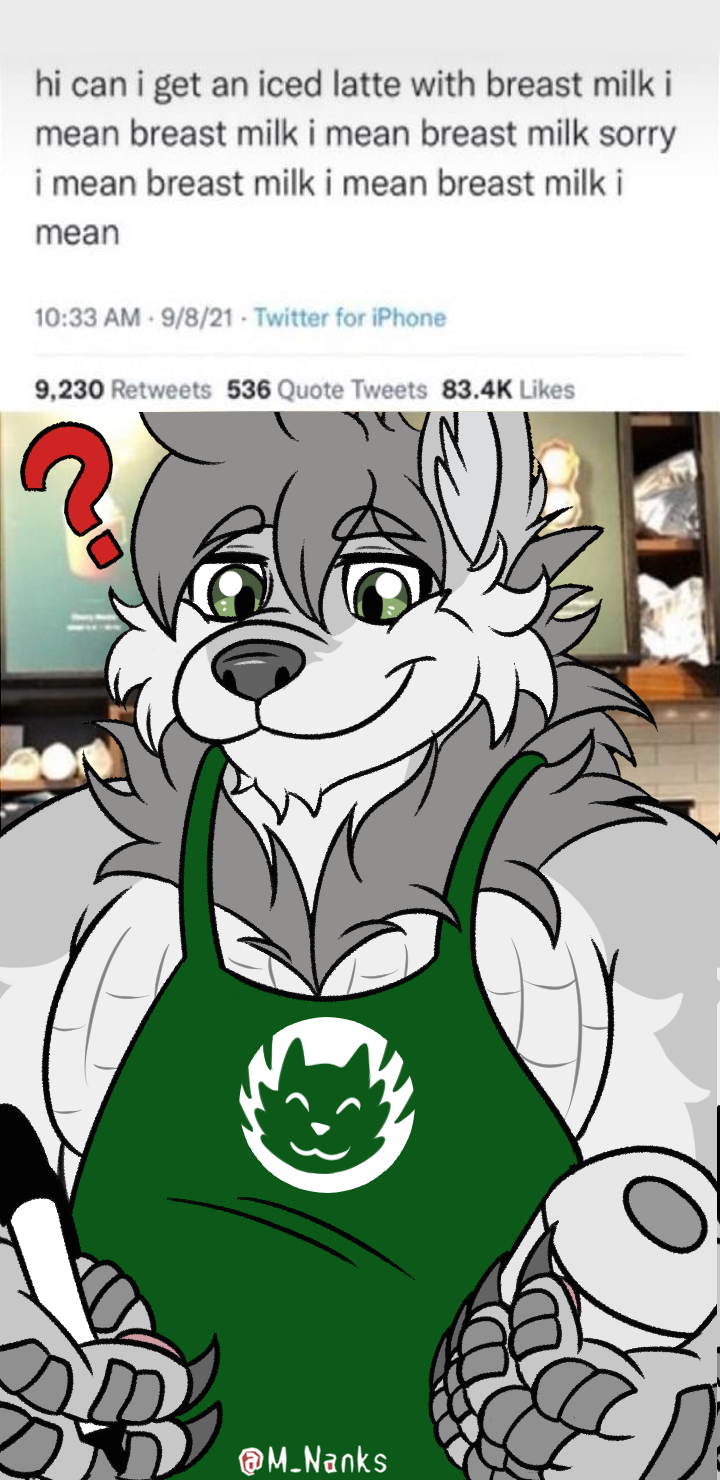 9:18.5 anthro apron apron_only belly_scales canid canine canis clothing crocodile crocodilian crocodylid digital_media_(artwork) english_text green_apron green_eyes hi_res hybrid i_mean_breast_milk kadoo male mammal meme moobs mostly_nude muscular muscular_male nanks_(artist) pecs reptile scales scalie solo starbucks text wolf