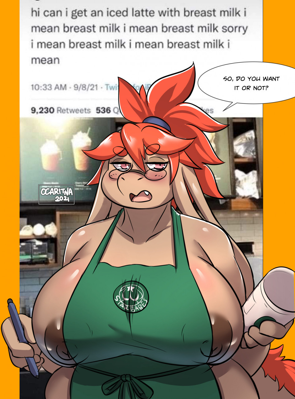annoyed anthro apron apron_only areola big_breasts blush breasts brown_body brown_fur clothing container cup dialogue digital_media_(artwork) english_text eyebrow_through_hair eyebrows eyewear female final_fantasy final_fantasy_tactics fur glasses green_apron hair hi_res huge_breasts i_mean_breast_milk long_ears looking_at_viewer mammal mawar mawar_(ocaritna) meme mostly_nude nipple_slip nipples nu_mou ocaritna open_mouth pencil_(object) pink_eyes red_hair shaded solo speech_bubble square_enix starbucks text text_on_apron text_on_clothing tied_hair translucent translucent_hair video_games