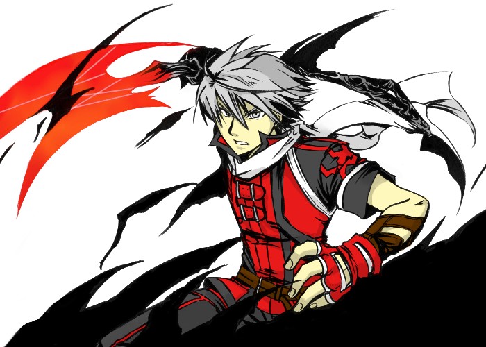 angry artist_request feel fingerless_gloves gloves grey_eyes grey_hair male_focus over_zenith scarf short_sleeves solo sword weapon
