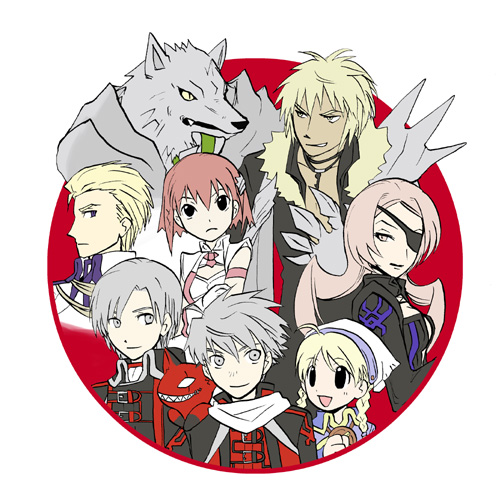 4boys ahoge almira animal artist_request black_eyes blonde_hair braid cain_(over_zenith) dorothy_(over_zenith) everyone eyepatch fang feel frown furry galumn hair_ornament hairclip hat juju leon_(over_zenith) long_hair lowres multiple_boys multiple_girls over_zenith red_hair scarf short_hair silver_eyes silver_hair smile spiked_hair teeth toto_(over_zenith) twin_braids vitis wolf yellow_eyes