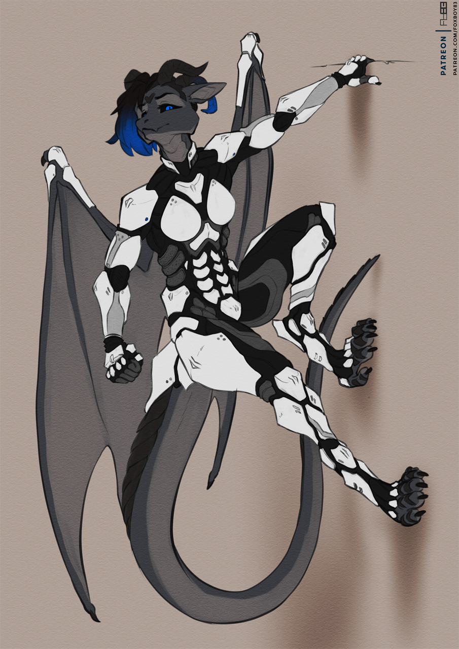 anthro armor ash_(disambiguation) barefoot biped claws dragon feet female foxboy83 hi_res long_tail membrane_(anatomy) membranous_wings solo toe_claws wings