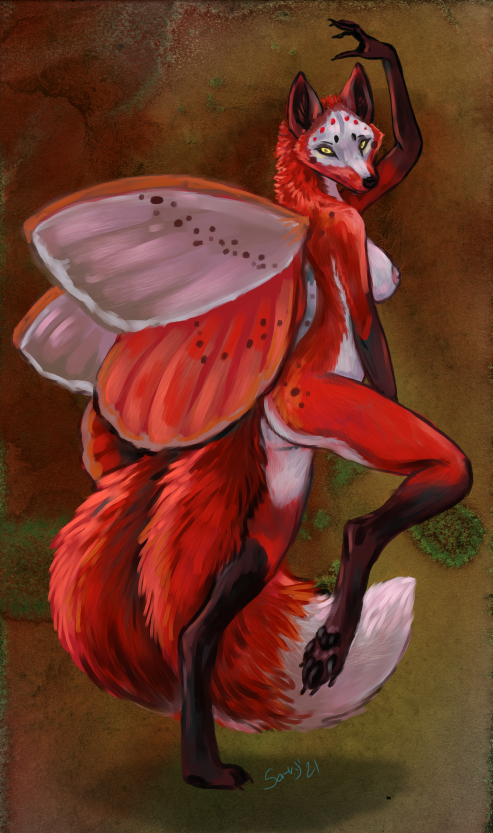 2021 anthro areola breasts canid canine caribou_(artist) digitigrade feet female fingers fox fur mammal nipples nude red_body red_fur toes white_body white_fur wings