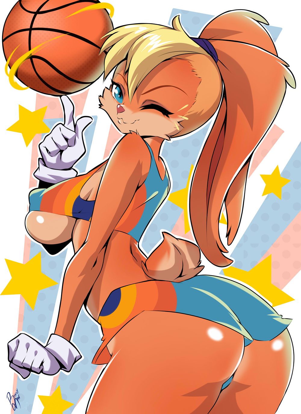 accessory alternate_version_at_source anthro ball basketball_(ball) bayeuxman biped blonde_hair blue_eyes bottomwear breasts butt clothing female fur gloves hair hair_accessory hair_tie handwear hi_res lola_bunny looking_at_viewer looney_tunes nipple_outline one_eye_closed red_body red_fur shorts side_view solo under_boob warner_brothers wink