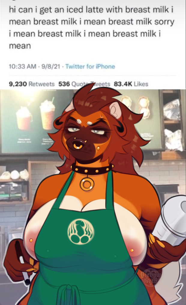 anthro apron apron_only areola areola_slip artist_name big_breasts breasts brown_body brown_fur brown_hair canid canine canis cheek_piercing claws clothing collar container cup digital_media_(artwork) domestic_dog ear_piercing english_text facial_piercing female fur gauged_ear green_apron hair humor i_mean_breast_milk mammal meme menu mostly_nude nipple_piercing nipples nose_piercing nose_ring pen piercing septum_piercing shaded shaker signature solo standing starbucks text yeehaw_goth